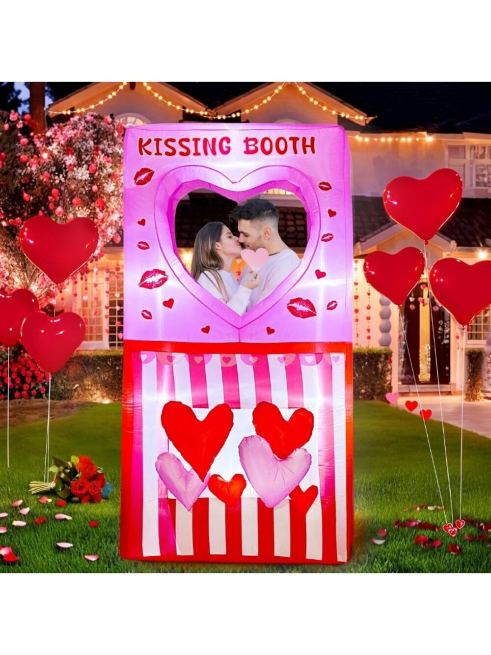 7FT Inflatable Kissing Booth for Valentine's Day Outdoor Decor, LED Yard